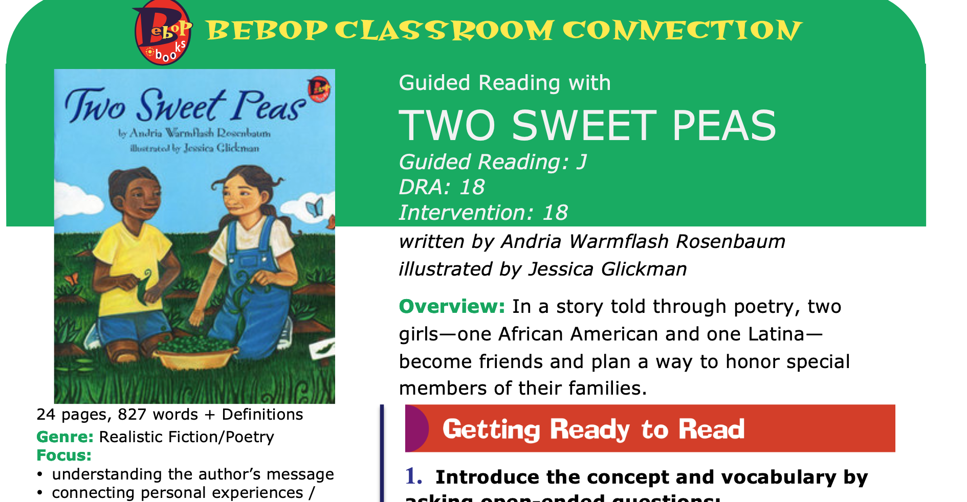 Two Sweet Peas - Guided Reading Lesson Plan