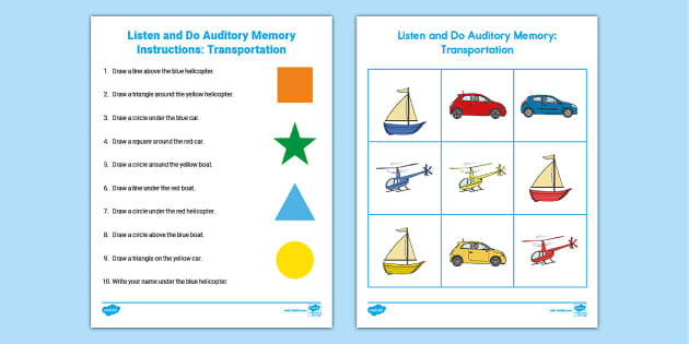 Listen and Do Auditory Memory Activity: Four Words (Transportation)