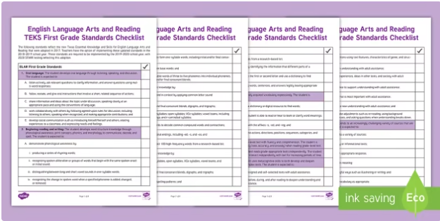 English Language Arts and Reading TEKS First Grade Standards Checklist