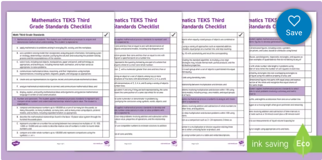 Mathematics TEKS Third Grade Standards Checklist