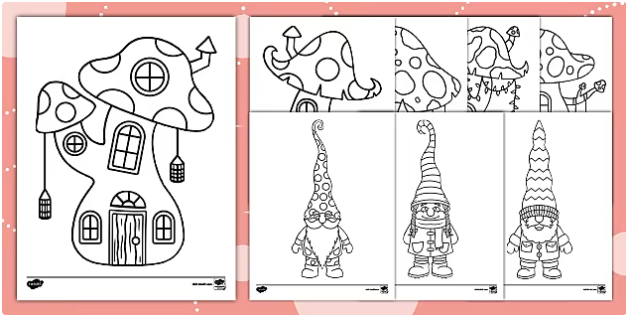 Winter Gnomes and Mushroom Houses Coloring Sheets