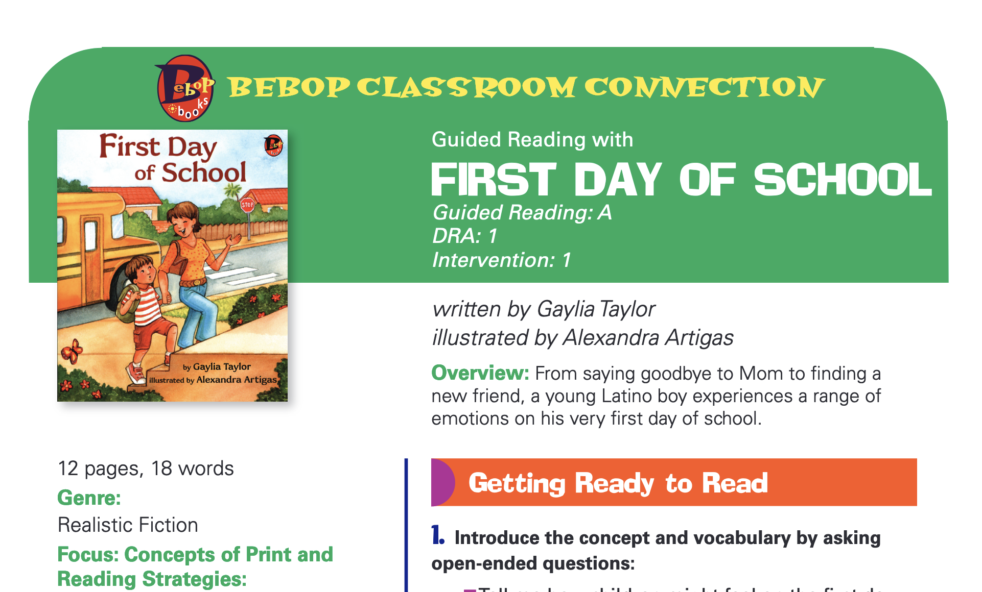 First Day of School - Guided Reading Lesson Plan