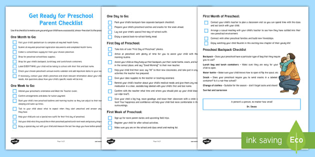 Get Ready for Preschool Parent Checklist