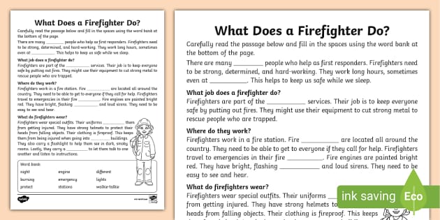 Second Grade What Does a Firefighter Do? Close Reading Worksheet