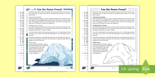 Third Grade Can the Ocean Freeze? Reading Comprehension Activity