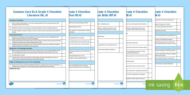 Fourth Grade Common Core ELA Standards Teacher Checklist