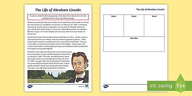Abraham Lincoln Identifying the Main Idea Activity