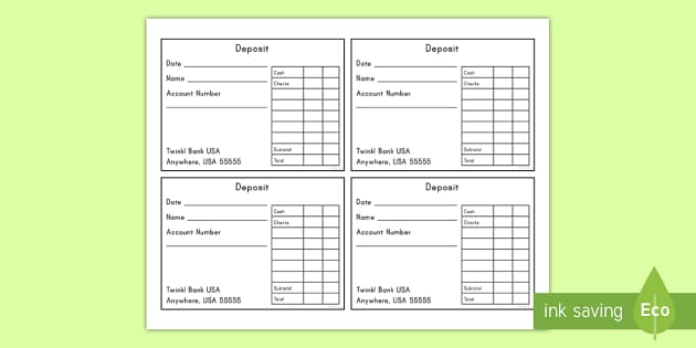 USA Bank Dramatic Play Deposit Slip Form