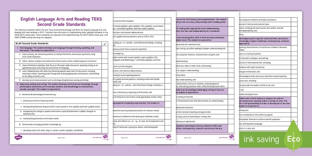 English Language Arts and Reading TEKS Second Grade Standards Checklist