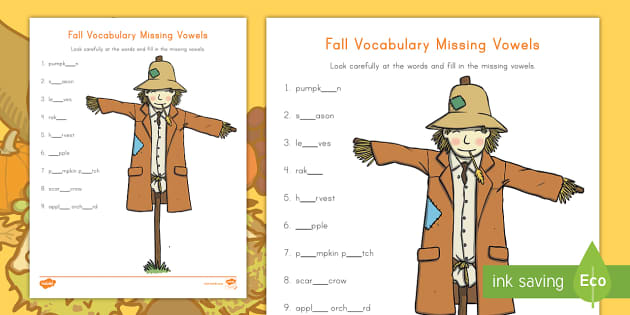 Fall Vocabulary Missing Vowels Worksheet
