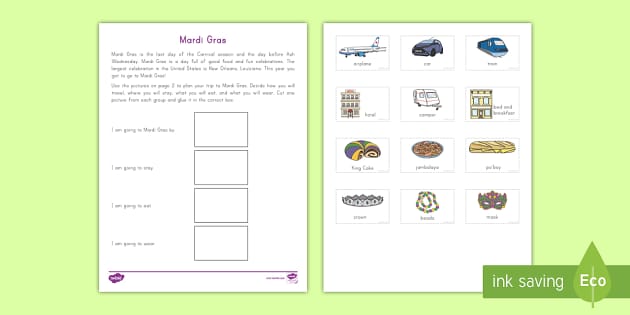Mardi Gras Trip Planning Cut and Paste Activity
