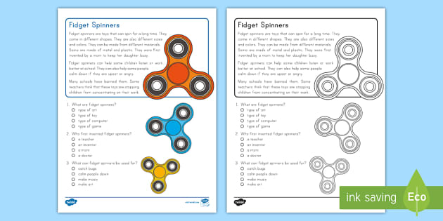 Second Grade Fidget Spinners Reading Passage Comprehension Activity