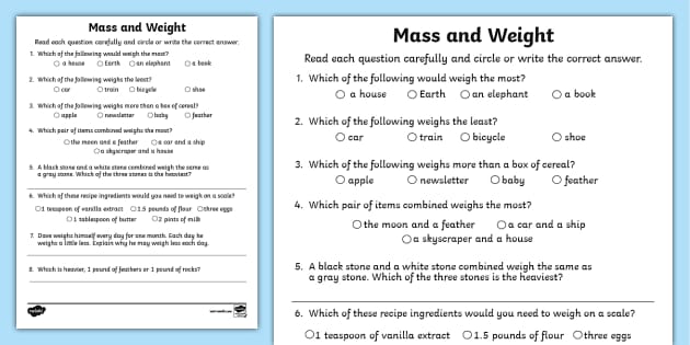 Comparing Weight and Mass Word Problems