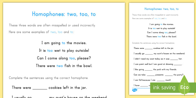 Homophones To, Too, and Two Activity