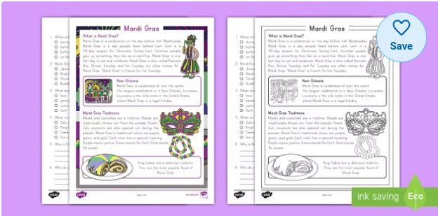 Second Grade Mardi Gras Reading Comprehension Activity