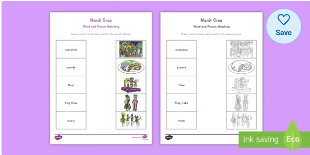 Mardi Gras Word Matching Activity