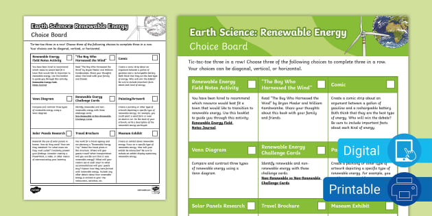 Earth Science: Renewable Energy Choice Board
