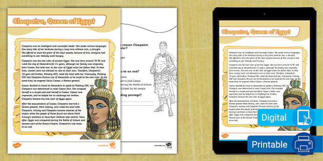 Sixth Grade Cleopatra Reading Passage Comprehension Activity