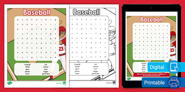 Baseball Word Search for K-2nd Grade