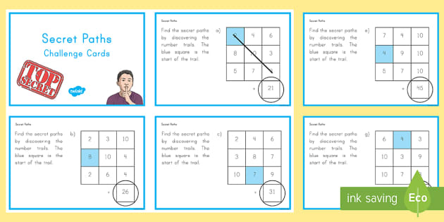 Secret Addition Number Paths Challenge Cards