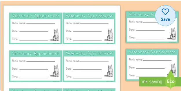 Veterinary Clinic Dramatic Play Appointment Cards