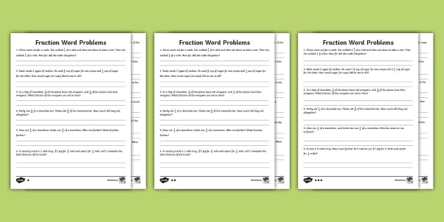 Fraction Word Problems Differentiated Worksheets