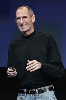 A photo of Steve Jobs, influential Arab American entrepreneur and co-founder of Apple Inc.