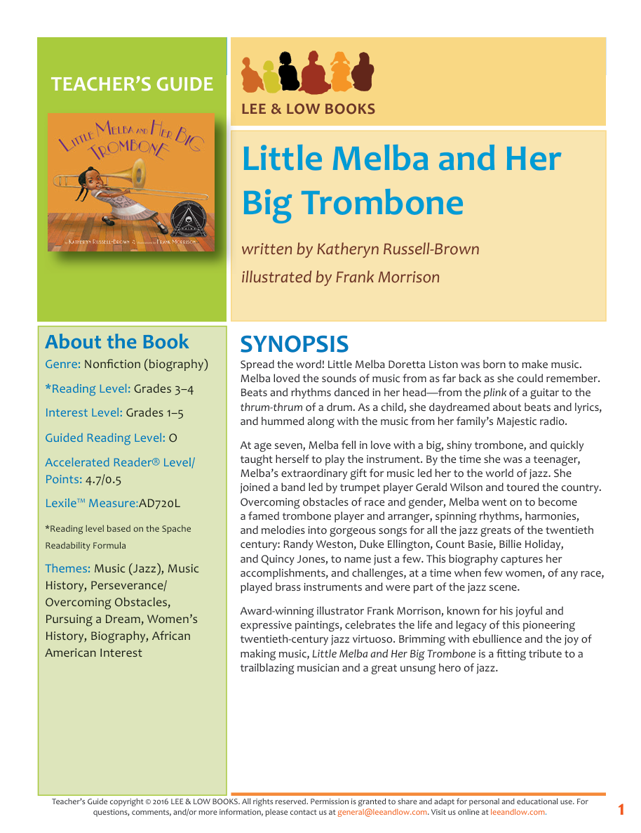 Teacher's Guide for Little Melba and her Big Trombone
