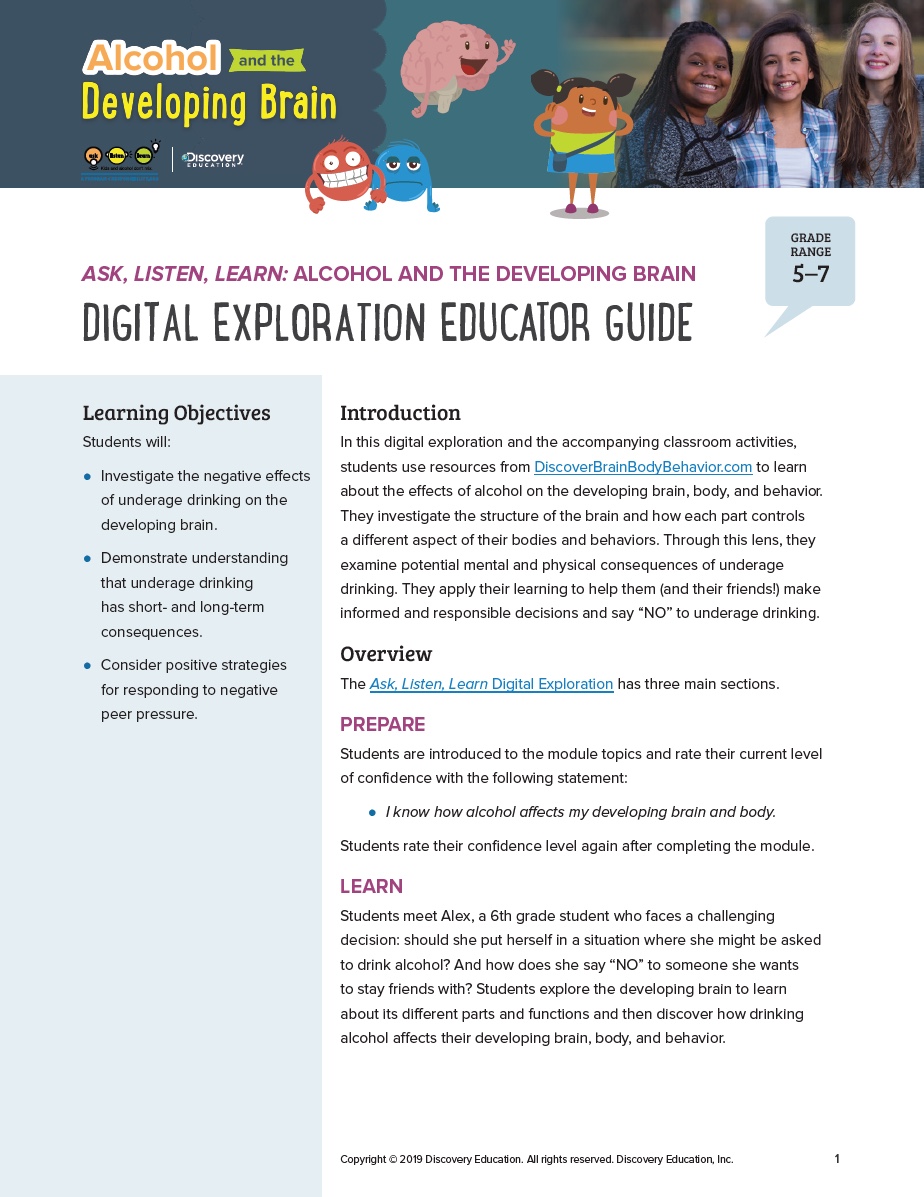 Alcohol and the Developing Brain: Digital Exploration Educator Guide + Materials