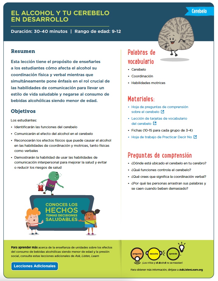 Guía del Facilitador y Los Materiales- El alcohol y tu cerebelo en desarrollo