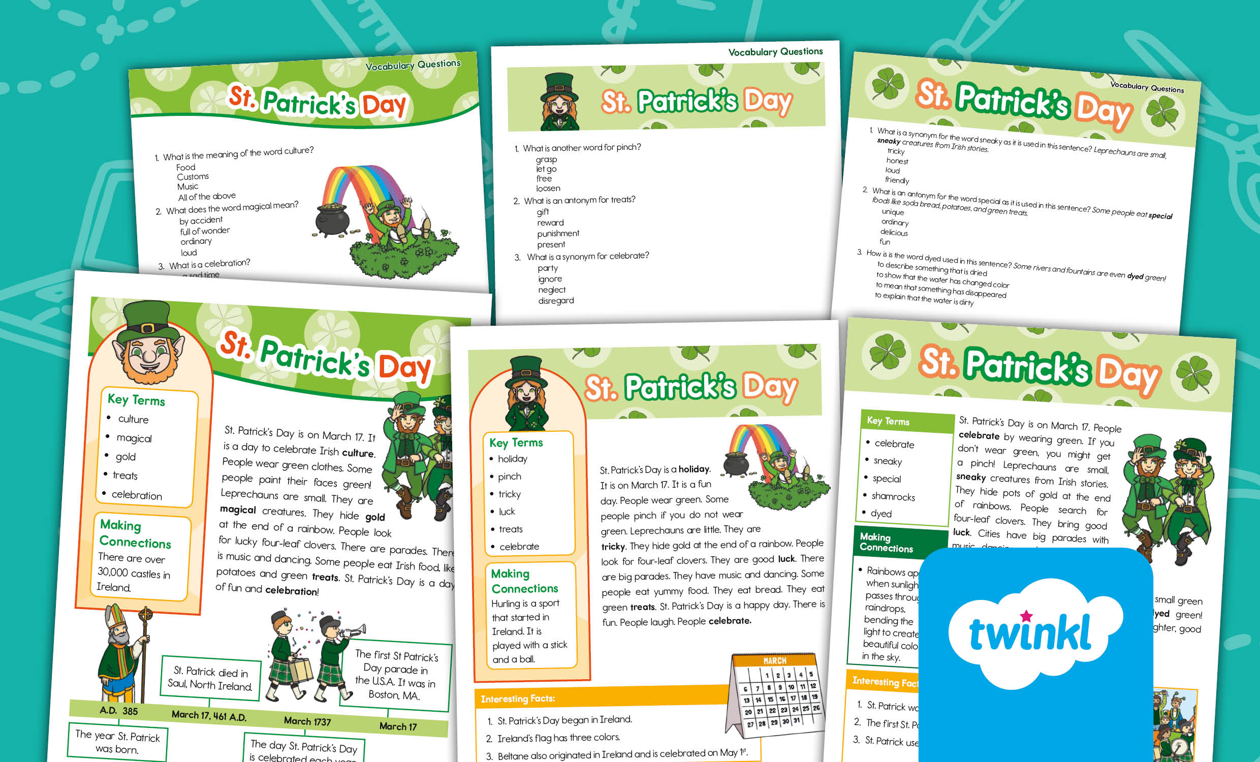 St Patricks Day Differentiated Fact File and Vocabulary Questions for K-2nd Grade