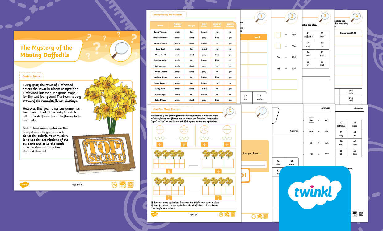 Spring Math Mystery Project – Solve the Case of the Stolen Daffodils! for 3rd Grade