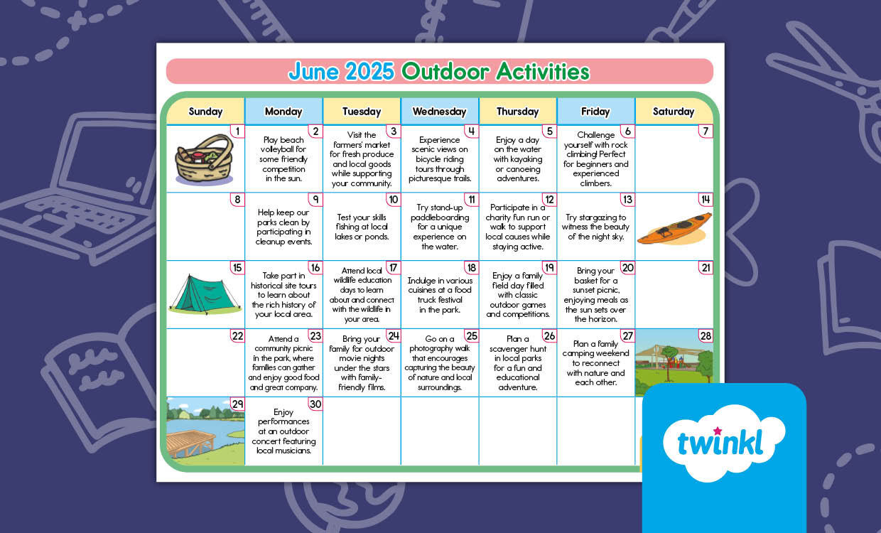 June 2025 Outdoor Activities Calendar for Elementary Students