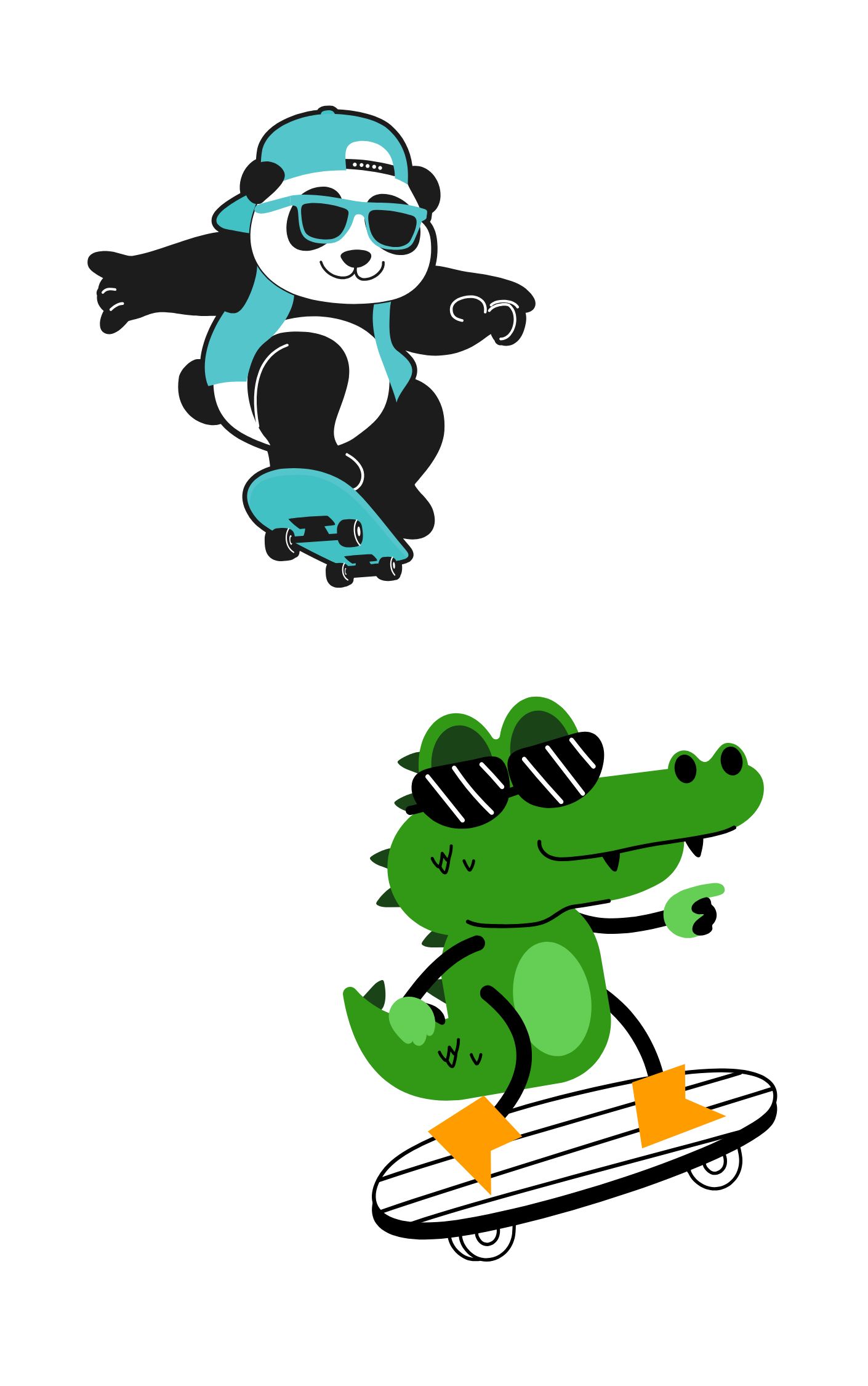 A cool cartoon panda and crocodile wearing sunglasses and skateboarding, representing fun offline activities and the importance of taking breaks from screens to stay healthy and safe.