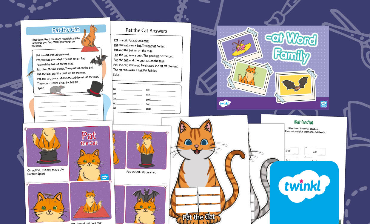-at word family | Pat the Cat CVC Phonics Lesson for K-2nd