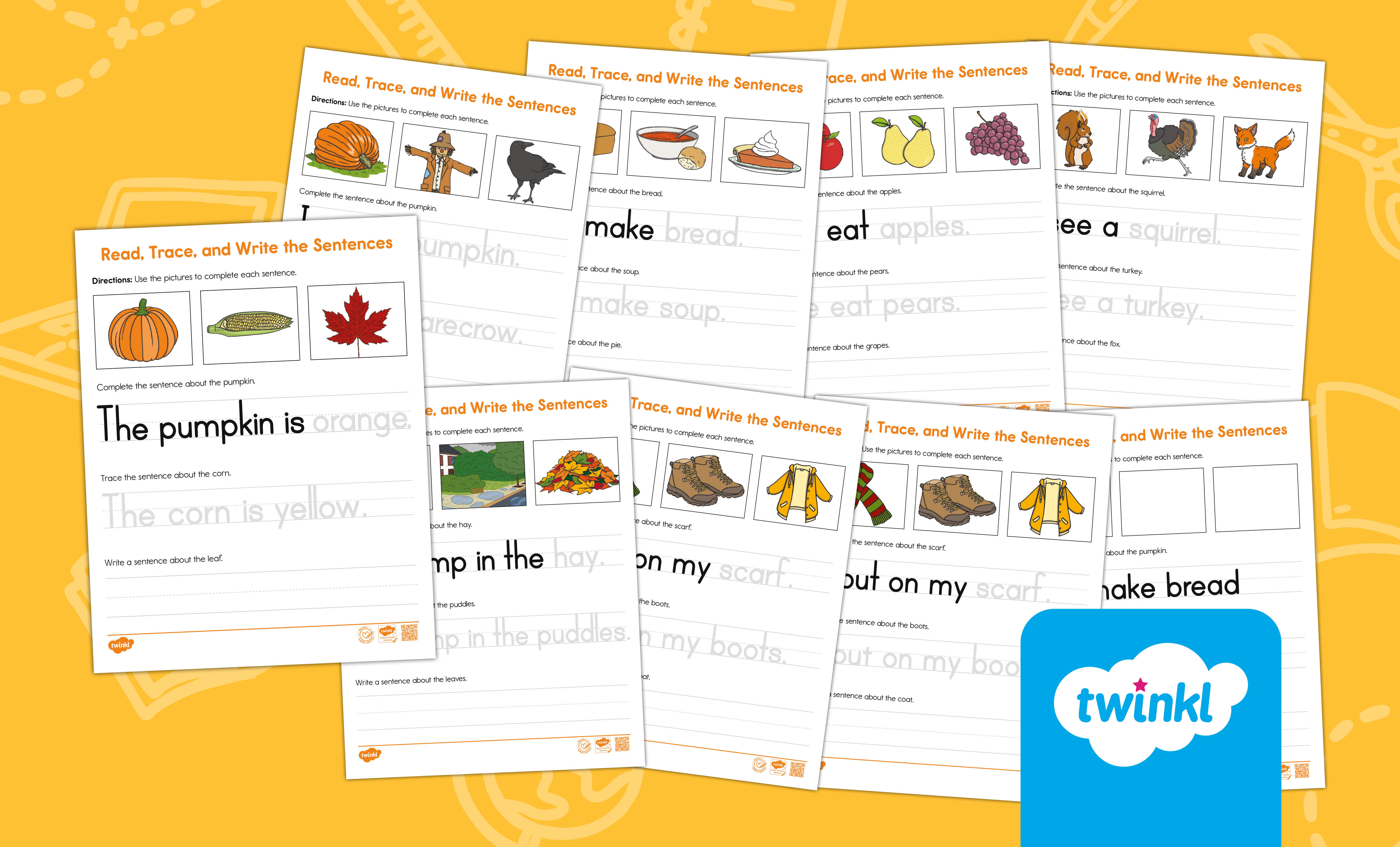 Read, Trace, & Write Fall Sentences Worksheets for K-1st Grade