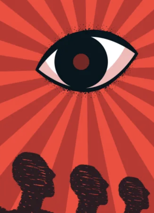 a large eye looks down on images of people