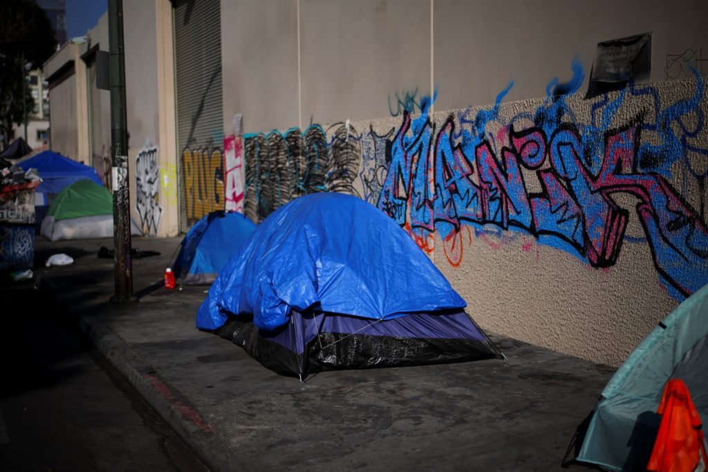 Tents are pitched on a sidewalk in Skid Row, Los Angeles, California, U.S., December 9, 2024. REUTERS/Daniel Cole