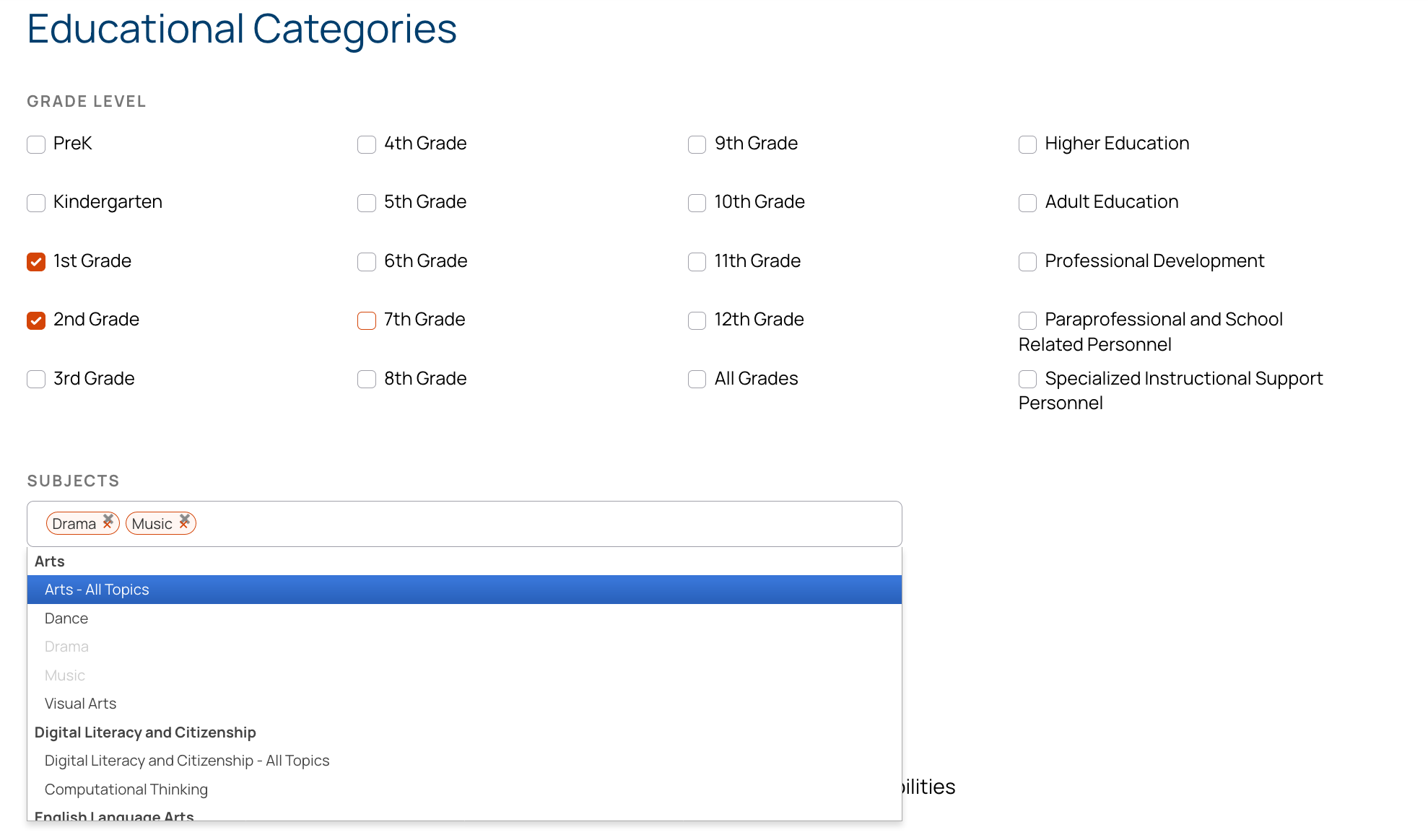 Grade levels and subjects