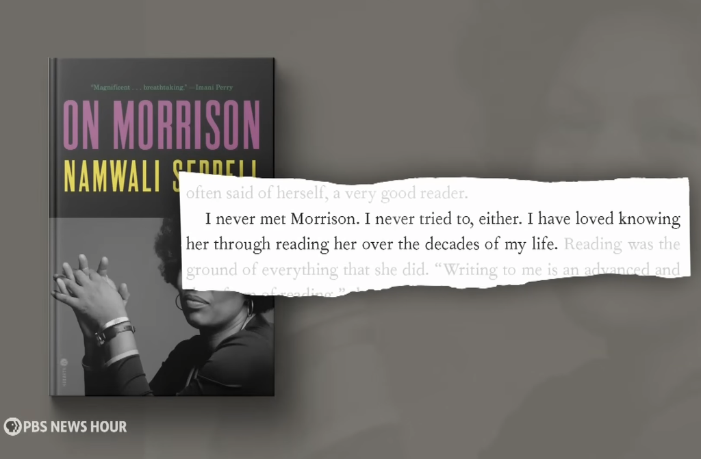 The book On Morrison by Namwali Serpell appears beside a torn excerpt reflecting on Toni Morrison’s influence, highlighting the writer’s lasting impact on readers and literature.