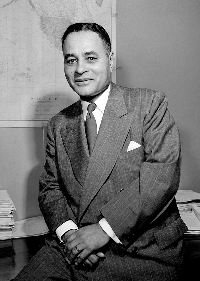 Ralph J. Bunche in 1950 when he received the Nobel Peace Prize in recognition of his work as acting United Nations mediator in Palestine. United Nations