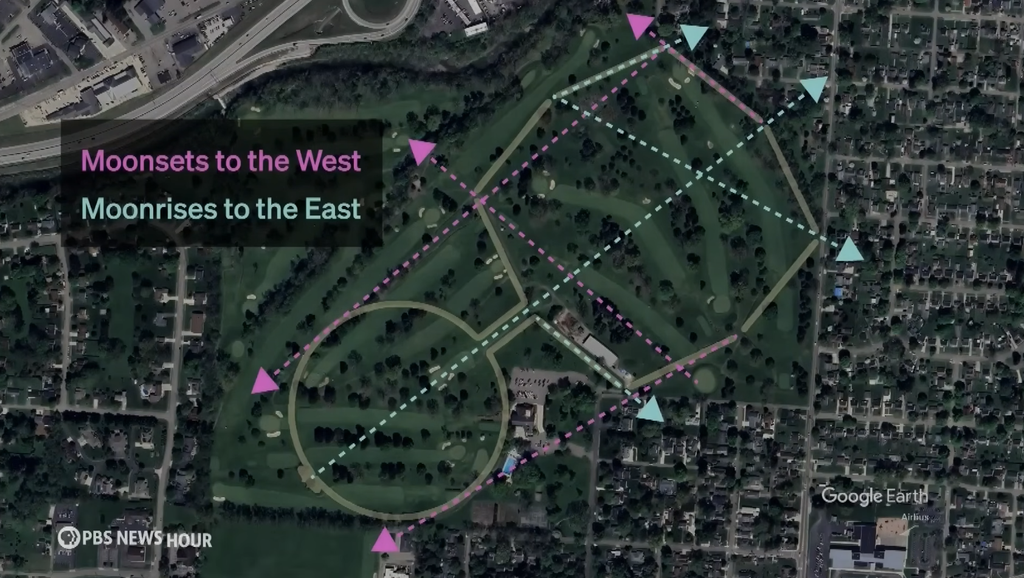 A satellite image of the Octagon Earthworks in Newark, Ohio, with colored lines showing how the Hopewell people aligned the earthworks with moonrises in the east and moonsets in the west.