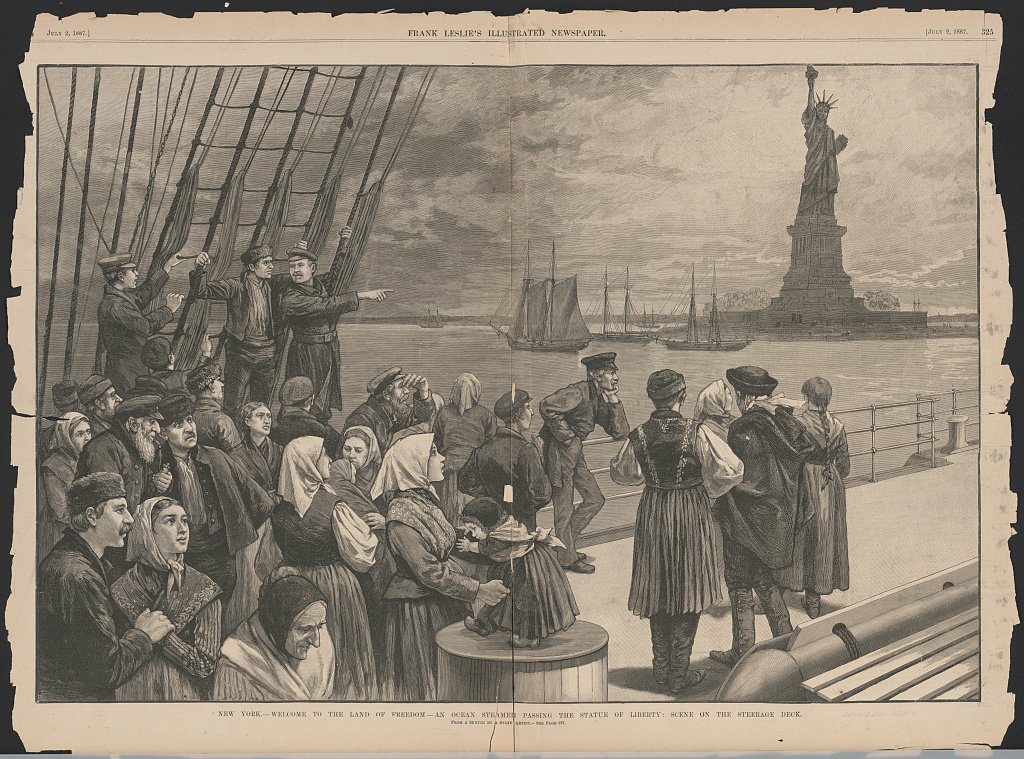 An 1887 illustration shows immigrants crowded on the deck of the steamer Germanic, gazing at the Statue of Liberty as they arrive in New York Harbor. Some passengers point toward the statue, while others stand quietly in traditional clothing. Caption reads: “Immigrants on deck of steamer 'Germanic.' 1887. Courtesy of the Library of Congress.”