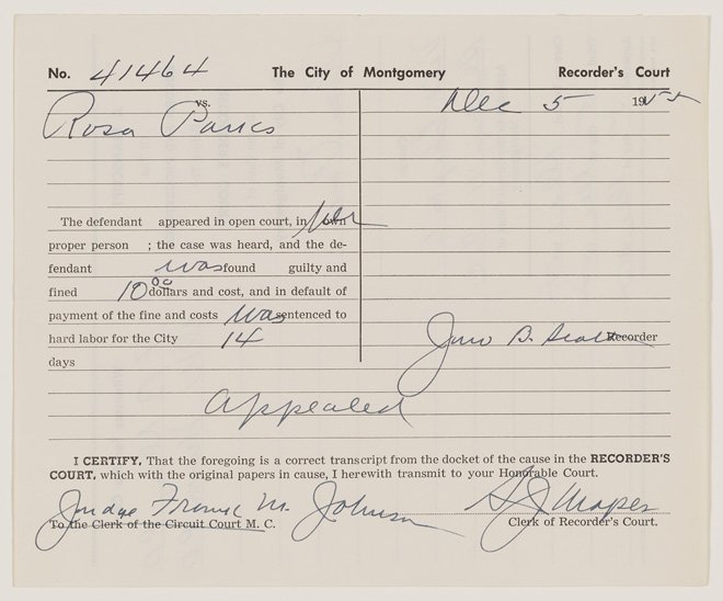 Transcript of Rosa Parks’s Trial, December 5, 1955. Document. Frank Johnson Papers, Manuscript Division, Library of Congress