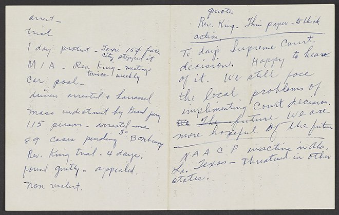 Rosa Parks. Notes regarding the U.S. Supreme Court’s decision in Browder v. Gayle, ca. November 13, 1956. Autograph notes. Rosa Parks Papers, Manuscript Division, Library of Congress