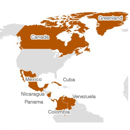 Map of the Western Hemisphere highlighting Greenland, Venezuela, and several other countries in relation to the United States.