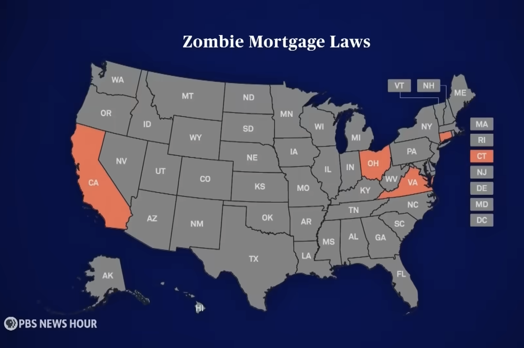 map showing states where they have zombie mortgage laws
