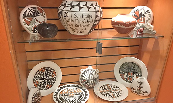 Native American Culture Today: Native pottery in several trophy cases celebrates students’ successes.