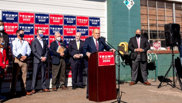 facts are stubborn things : rudy giuliani claims voter fraud in front of four seasons landscaping