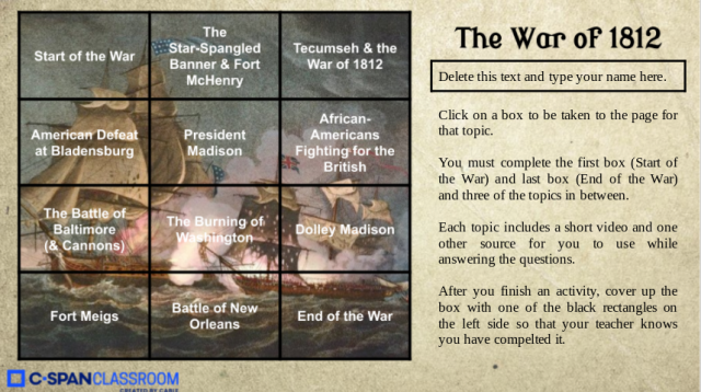 Choice Board: War of 1812
